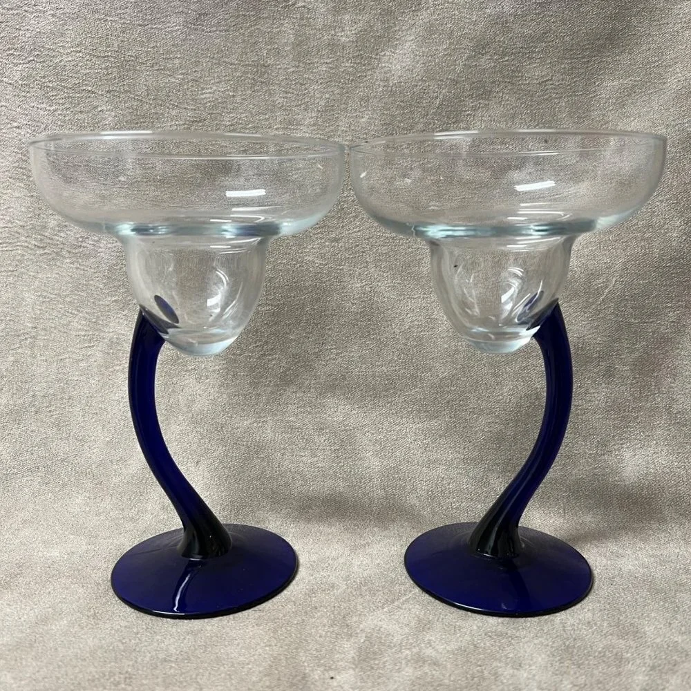 LIBBEY Cobalt Blue 2 BRAVURA Margarita Champagne Curved Stem Glasses 7 1/4 